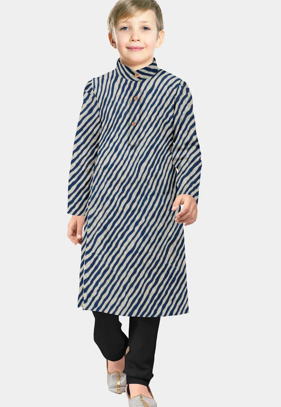 Leheriya Printed Cotton Kurta Set in White and Blue