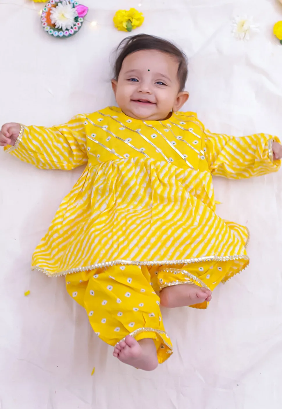Leheriya Printed Cotton Lurex A Line Kurta Set in Yellow