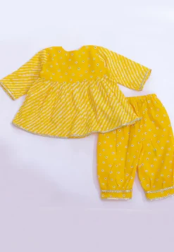 Leheriya Printed Cotton Lurex A Line Kurta Set in Yellow