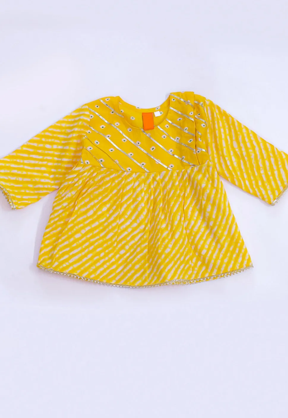 Leheriya Printed Cotton Lurex A Line Kurta Set in Yellow