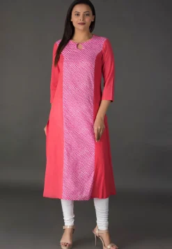 Leheriya Printed Cotton Long Kurta in Pink and Peach