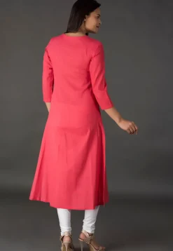 Leheriya Printed Cotton Long Kurta in Pink and Peach