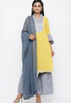 Leheriya Printed Cotton Pakistani Suit in Yellow