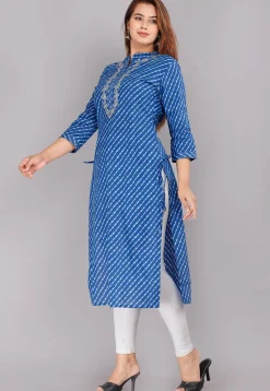 Leheriya Printed Cotton Straight Kurti in Blue
