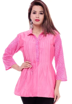 Leheriya Printed Cotton Silk Top in Pink
