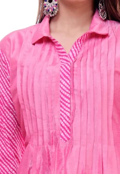 Leheriya Printed Cotton Silk Top in Pink