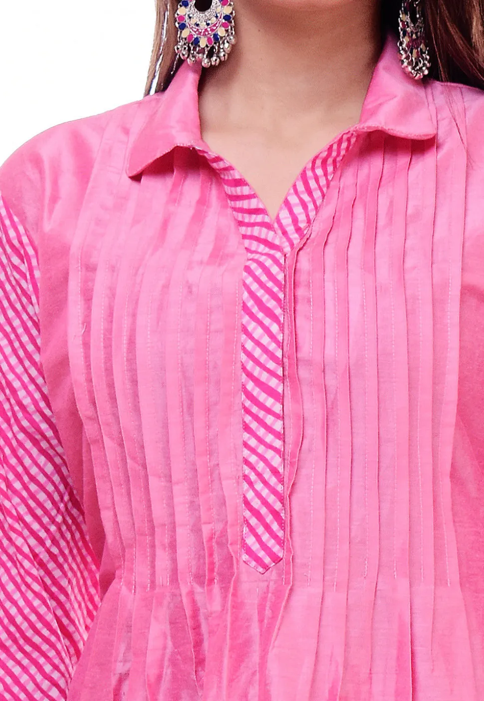 Leheriya Printed Cotton Silk Top in Pink