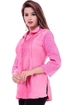 Leheriya Printed Cotton Silk Top in Pink