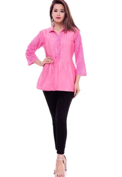 Leheriya Printed Cotton Silk Top in Pink