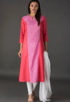 Leheriya Printed Cotton Straight Suit in Pink and Peach