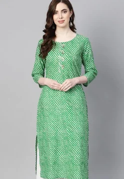 Leheriya Printed Cotton Straight Kurta in Green