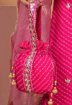 Leheriya Printed Geogrette Potli Bag in Pink