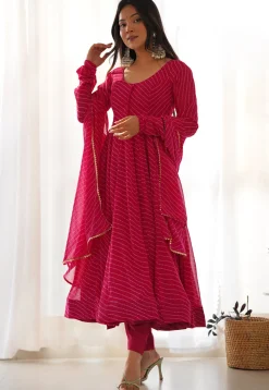 Leheriya Printed Georgette Anarkali Suit in Fuchsia