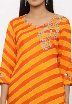 Leheriya Printed Georgette Pakistani Suit in Yellow and Orange