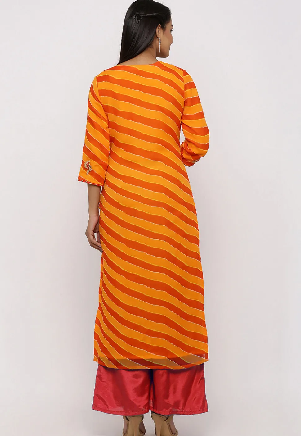 Leheriya Printed Georgette Pakistani Suit in Yellow and Orange