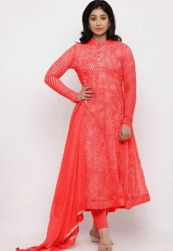 Leheriya Printed Georgette Anarkali Suit in Coral Red