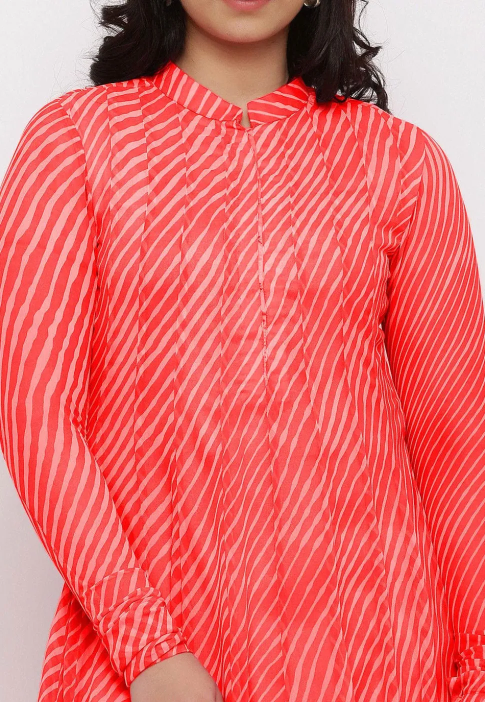 Leheriya Printed Georgette Anarkali Suit in Coral Red