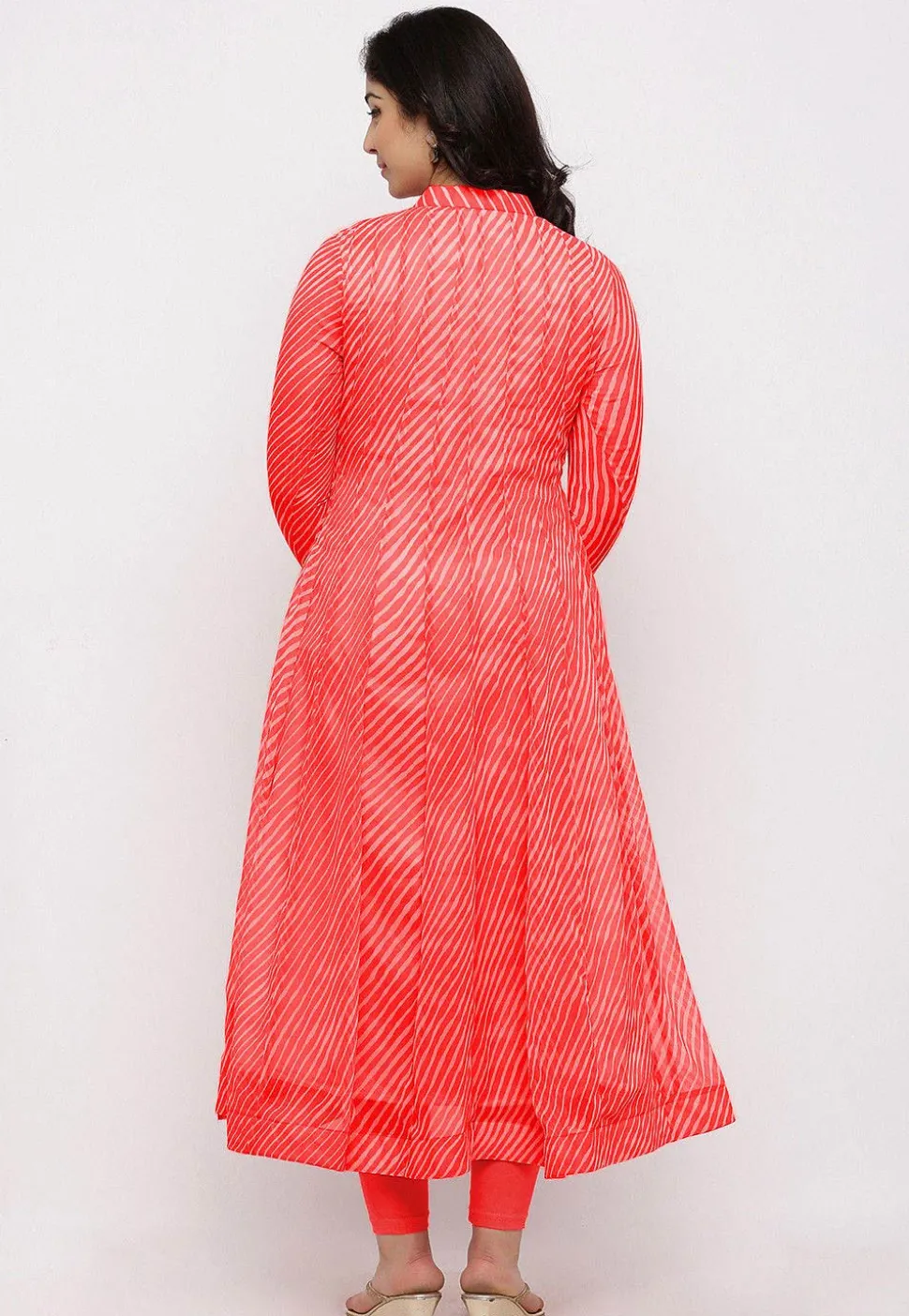Leheriya Printed Georgette Anarkali Suit in Coral Red
