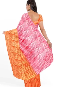 Leheriya Printed Georgette Saree in Orange and Coral Pink