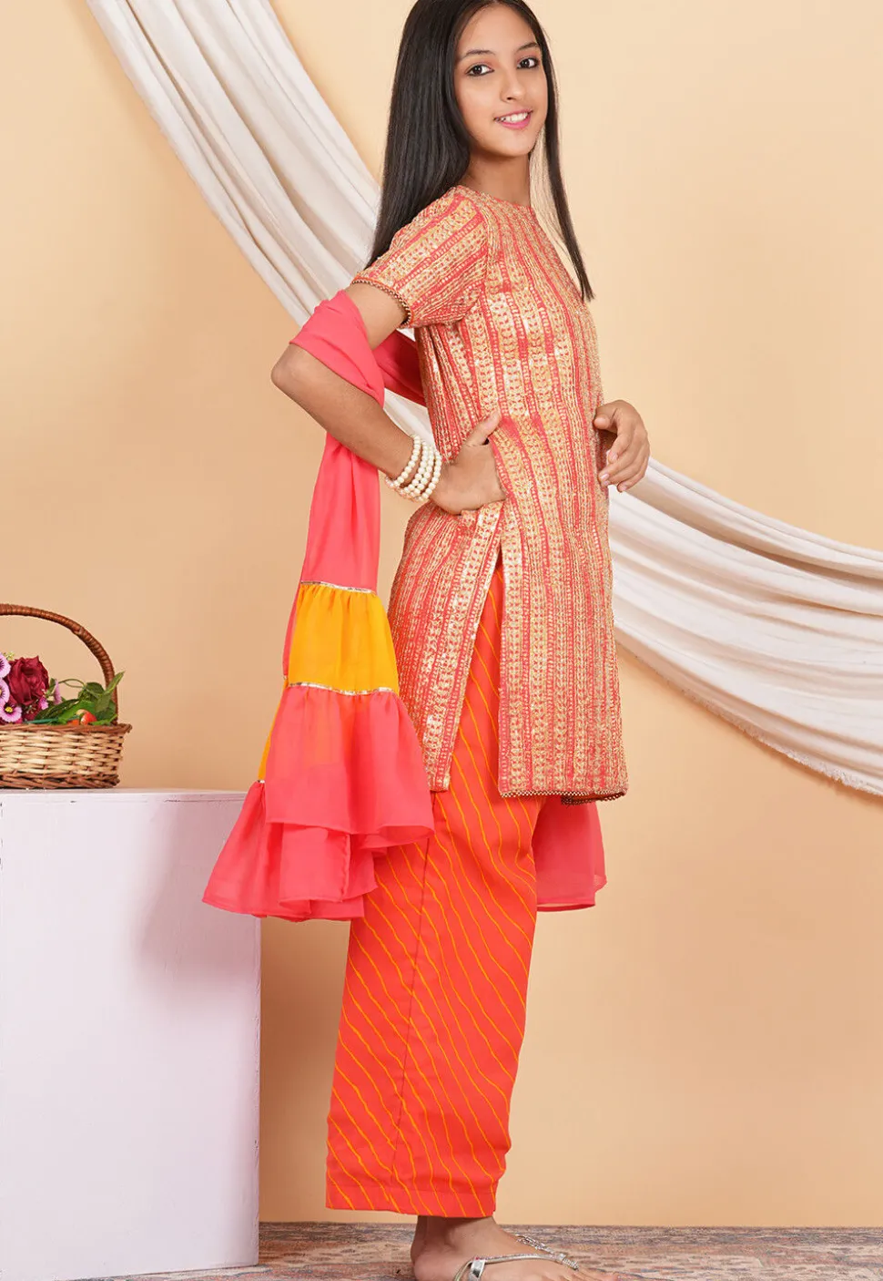 Leheriya Printed Georgette Pakistani Suit in Peach