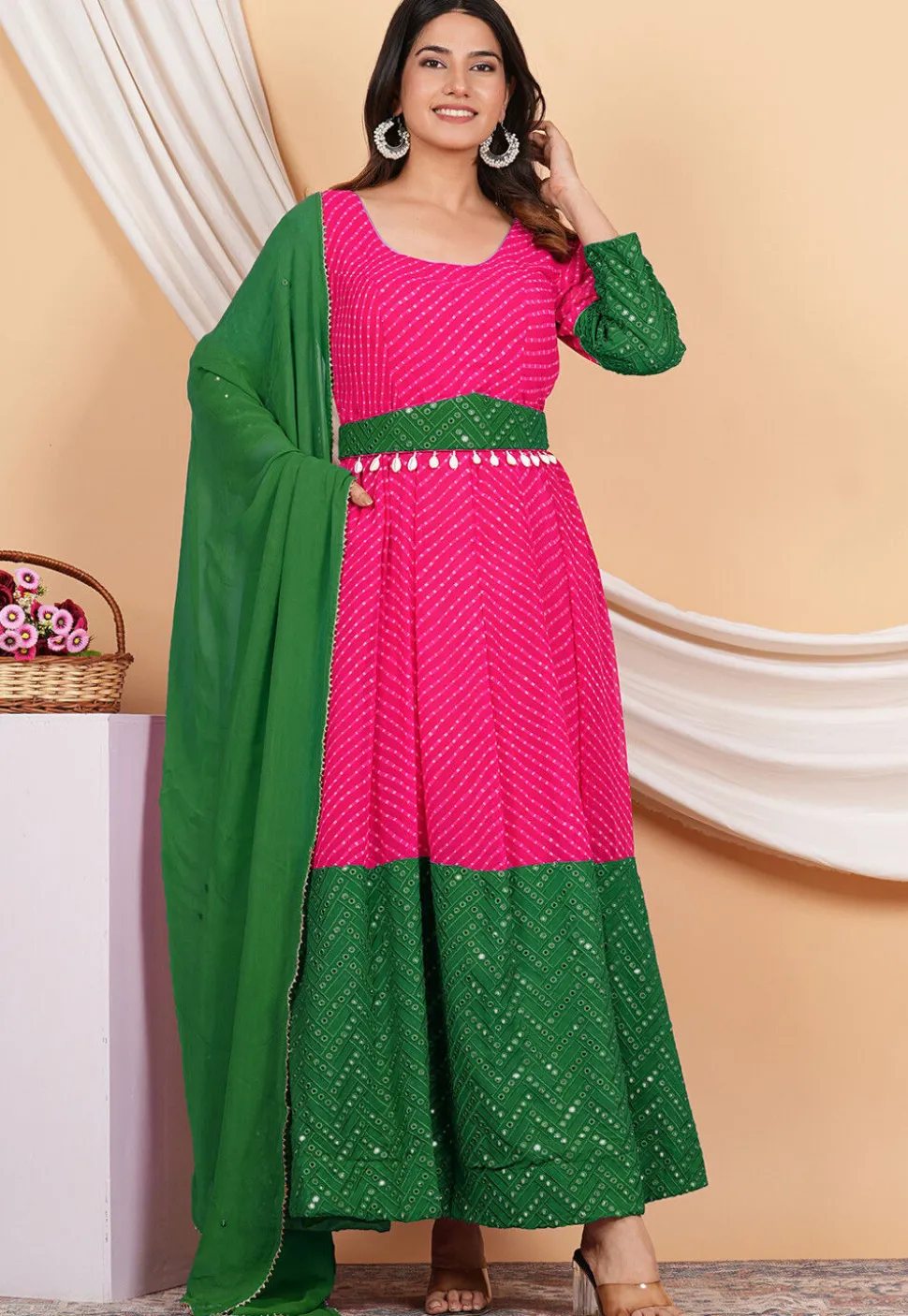 Leheriya Printed Georgette Anarkali Suit in Pink and Green