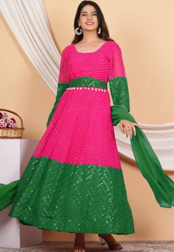 Leheriya Printed Georgette Anarkali Suit in Pink and Green