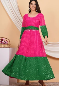 Leheriya Printed Georgette Anarkali Suit in Pink and Green