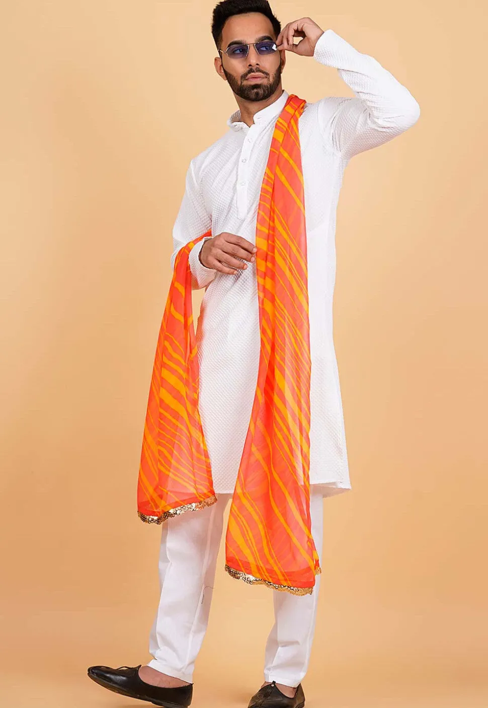 Leheriya Printed Georgette Men Dupatta in Orange