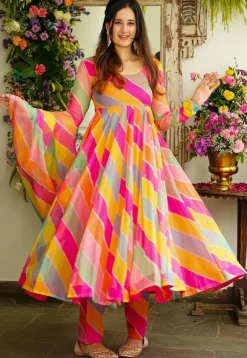 Leheriya Printed Georgette Anarkali Suit in Multicolor