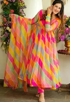 Leheriya Printed Georgette Anarkali Suit in Multicolor