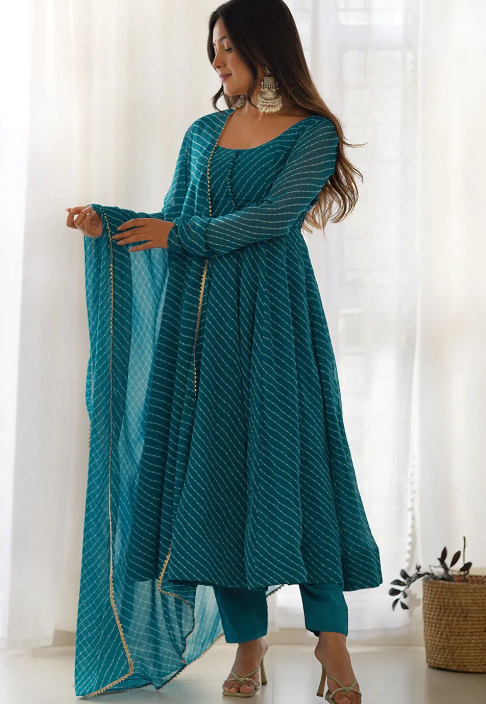 Leheriya Printed Georgette Anarkali Suit in Teal Blue
