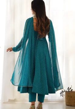 Leheriya Printed Georgette Anarkali Suit in Teal Blue