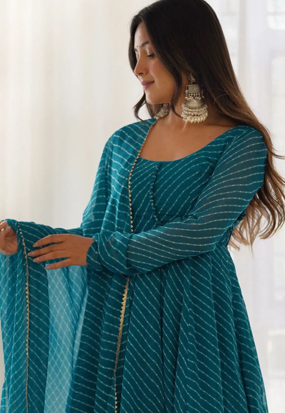 Leheriya Printed Georgette Anarkali Suit in Teal Blue