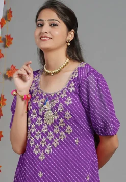 Leheriya Printed Georgette Asymmetric Kurta in Purple
