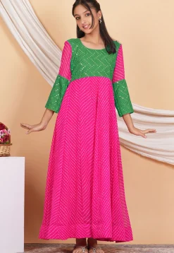 Leheriya Printed Georgette Long Kurta Set in Fuchsia and Green