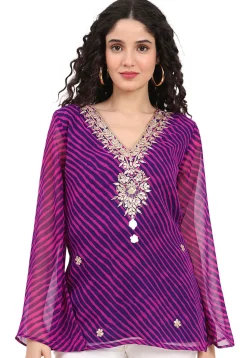 Leheriya Printed Georgette Kurti in Purple and Pink