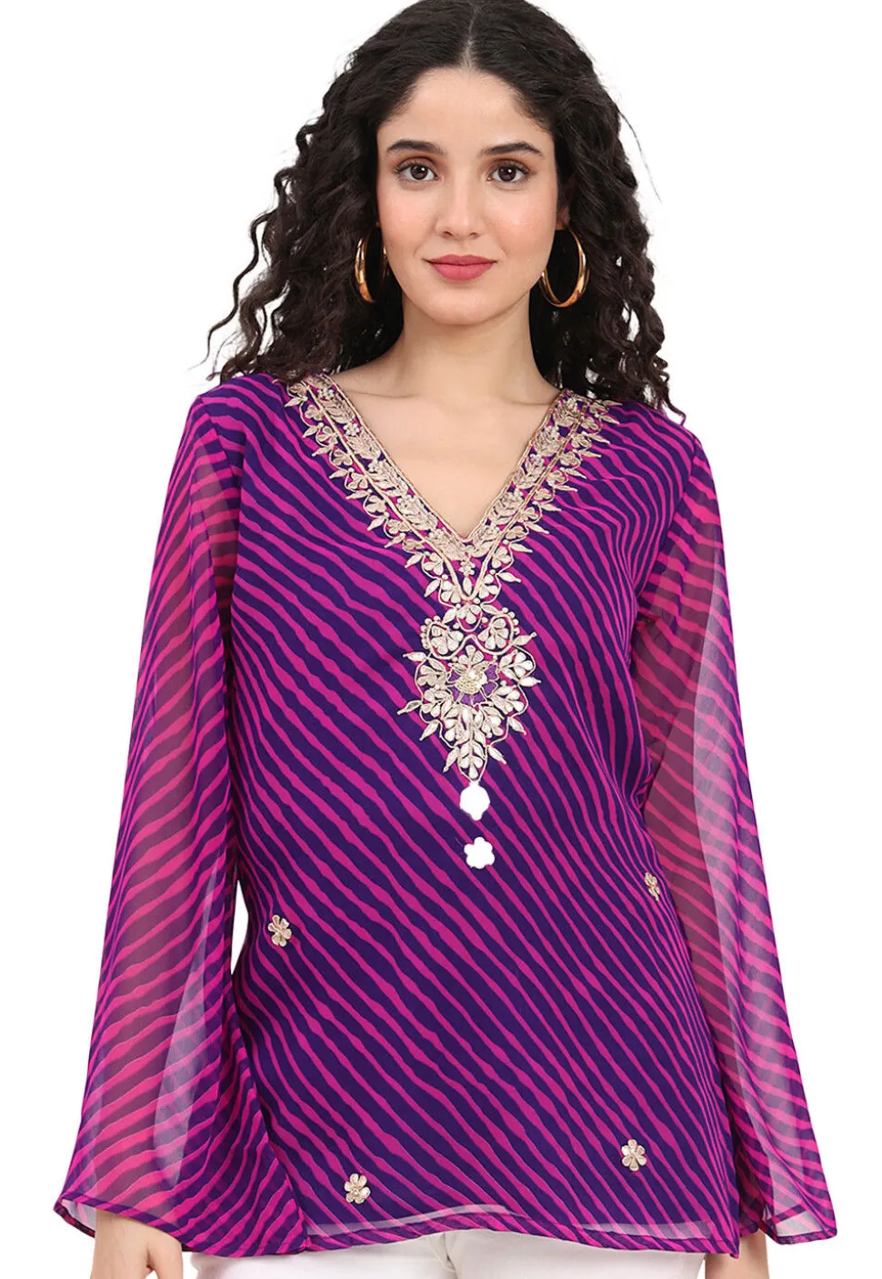Leheriya Printed Georgette Kurti in Purple and Pink