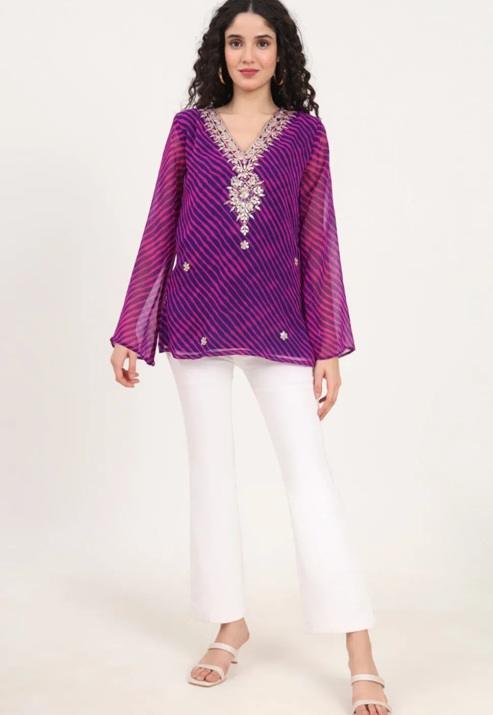 Leheriya Printed Georgette Kurti in Purple and Pink