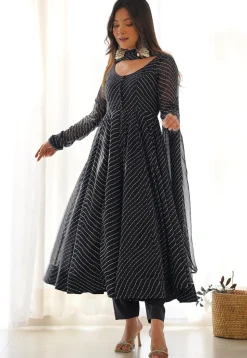 Leheriya Printed Georgette Anarkali Suit in Black