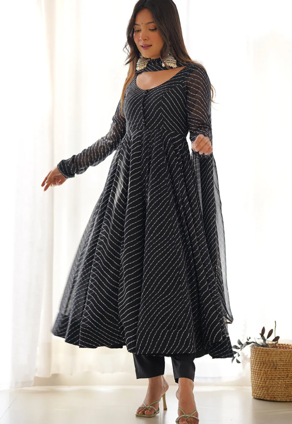 Leheriya Printed Georgette Anarkali Suit in Black