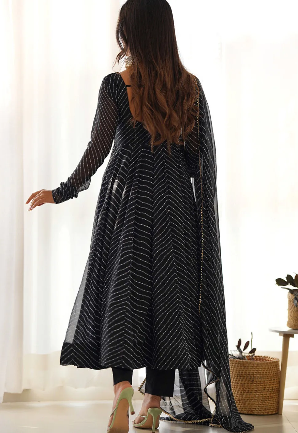 Leheriya Printed Georgette Anarkali Suit in Black