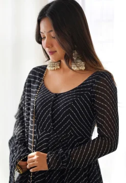 Leheriya Printed Georgette Anarkali Suit in Black