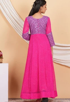 Leheriya Printed Georgette Anarkali Kurta Set in Fuchsia and Light Purple