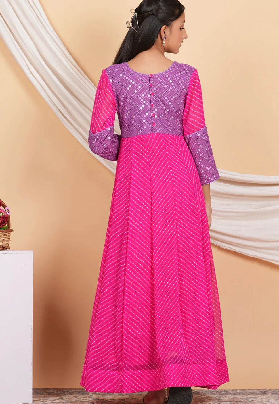 Leheriya Printed Georgette Anarkali Kurta Set in Fuchsia and Light Purple