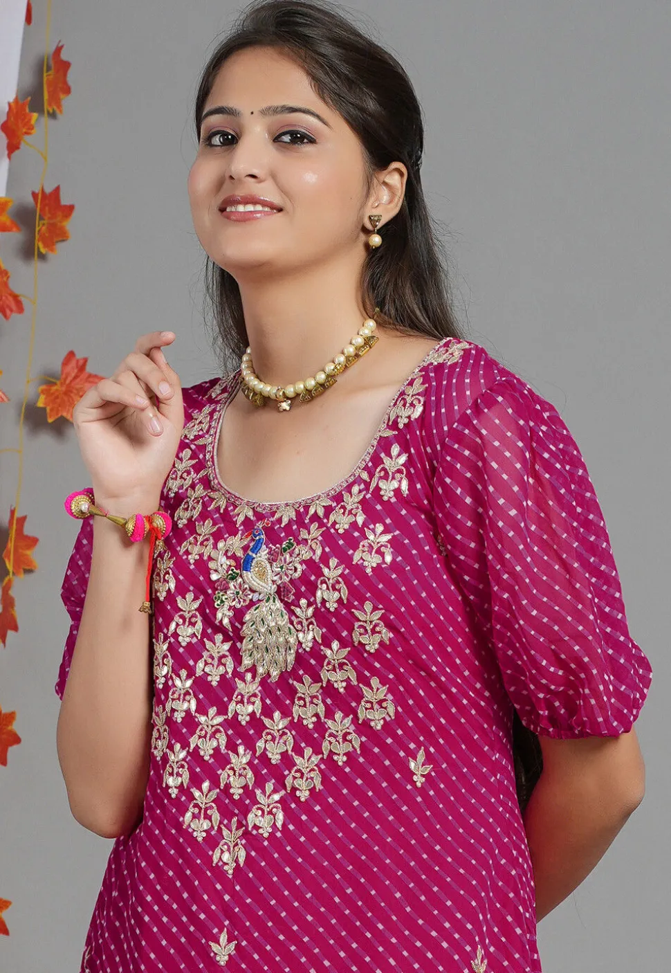 Leheriya Printed Georgette Asymmetric Kurta in Fuchsia