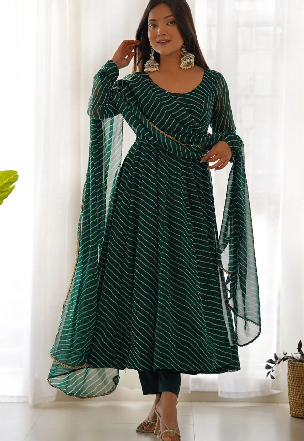 Leheriya Printed Georgette Anarkali Suit in Dark Green