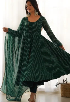 Leheriya Printed Georgette Anarkali Suit in Dark Green