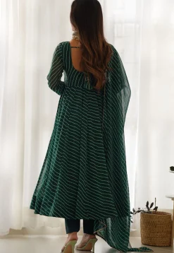 Leheriya Printed Georgette Anarkali Suit in Dark Green