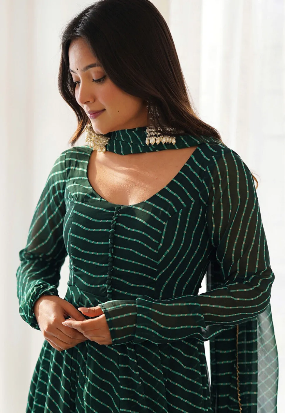 Leheriya Printed Georgette Anarkali Suit in Dark Green