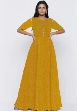 Leheriya Printed Georgette Flared Gown in Yellow